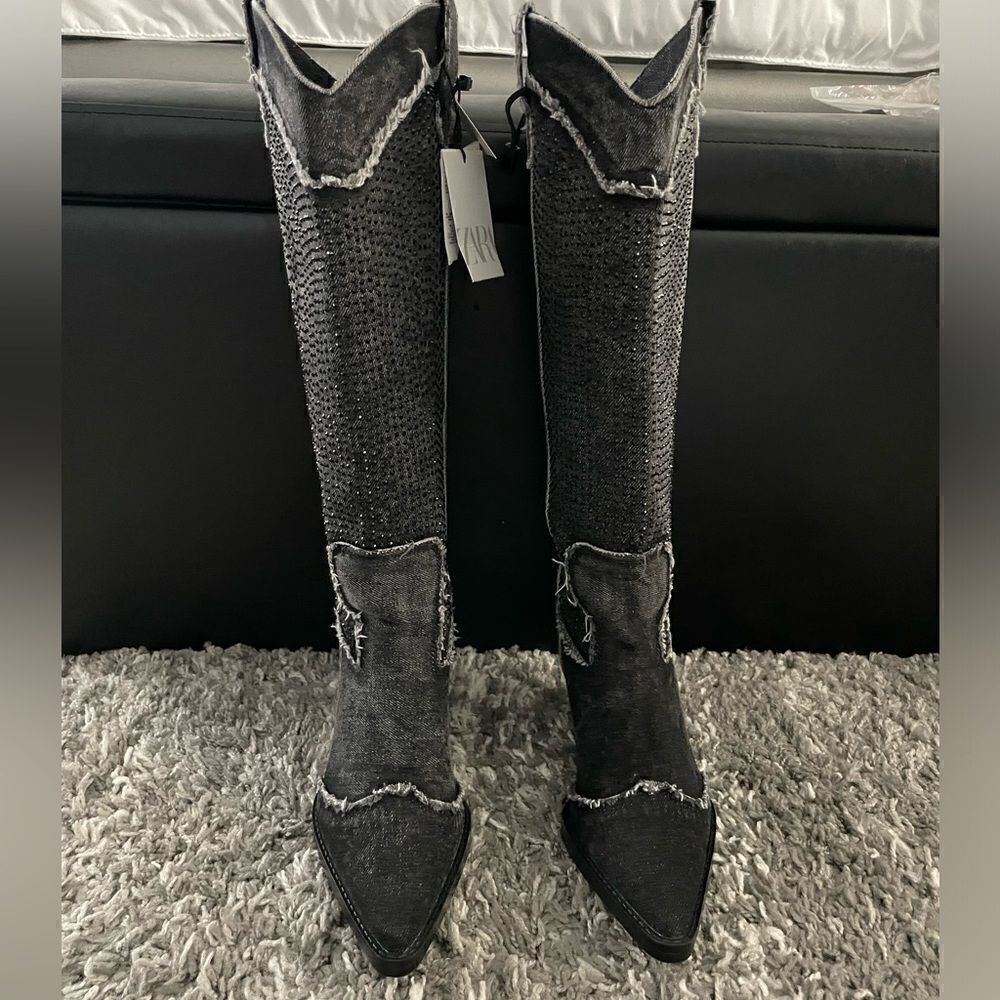 NWT Zara Rhinestone Denim Cowboy Boots - Picture 4 of 12